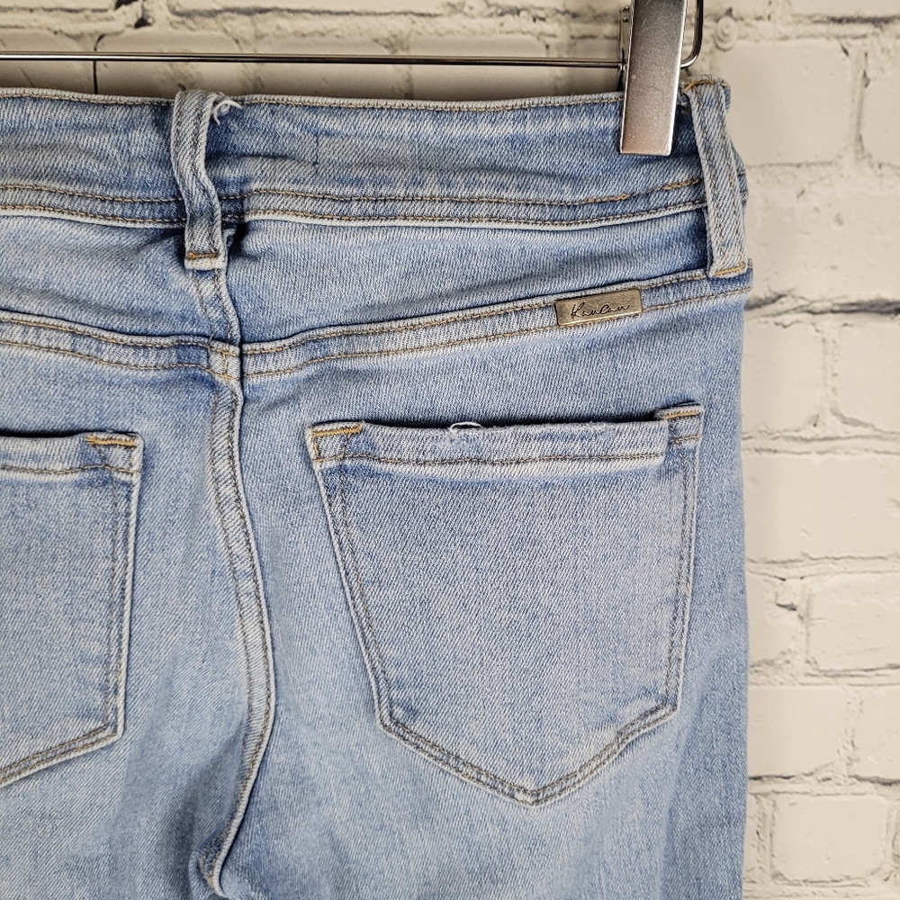 KANCAN | stretch high waist flare bell bottom raw hem centre thigh seam jeans